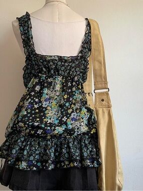 Vintage Black Floral Ruffle Tank with Blue and Yellow Flowers